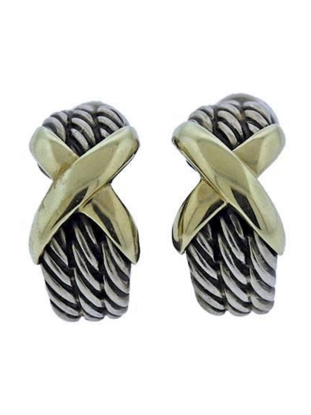David Yurman Two-Tone Cable X Hoop Earrings - Silver & Gold